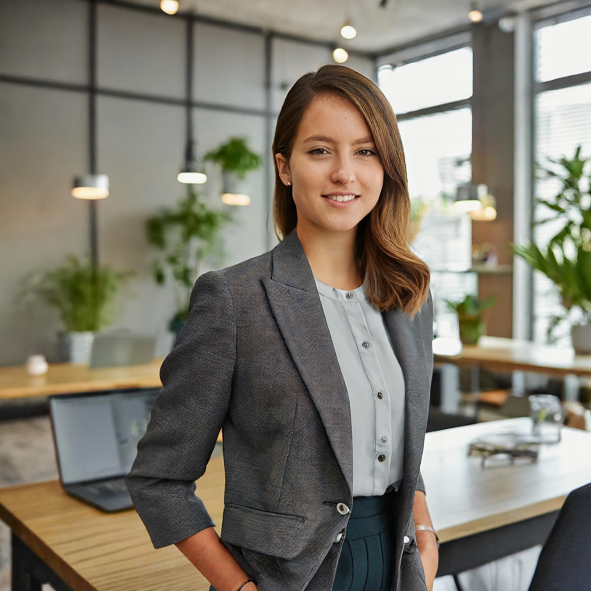 Weibliche Steuerberaterin, professionell gekleidet, mit freundlichem Ausdruck